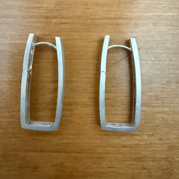 Brushed Sterling Silver Rectangular Hoop Earrings - Picture 3 of 5